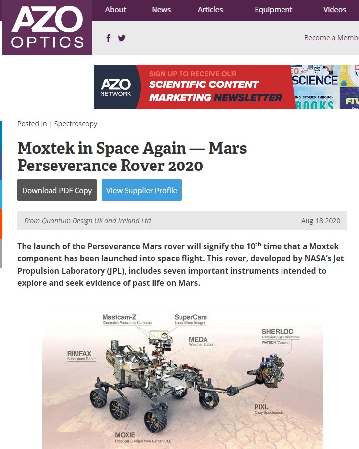 Coverage of Moxtek component in NASA Mark Rover 2020